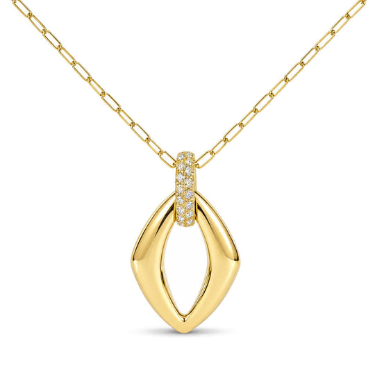 14K Yellow Gold 1/4 Cttw Diamond Open Navette Pendant Necklace with Paperclip Chain