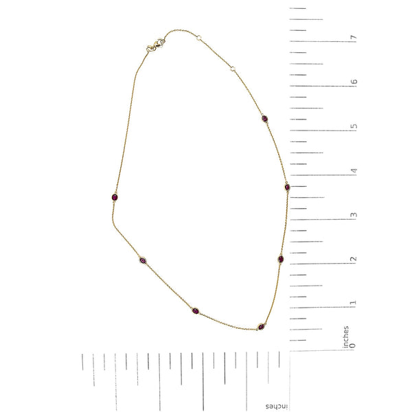14K Yellow Gold Bezel Set 4x3 mm Oval Red Ruby Station Necklace - 18 Inches