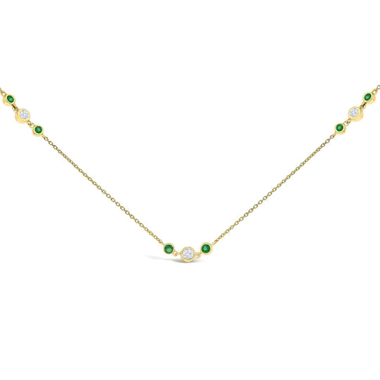 14K Yellow Gold Emerald and 1/2 Cttw Diamond Station Necklace-0