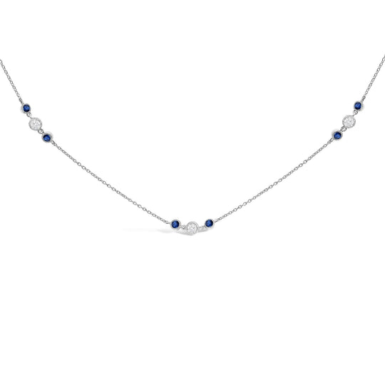 14K White Gold Sapphire and 1/2 Cttw Diamond Station Necklace-0
