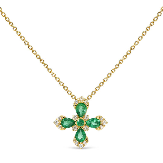 14K Yellow Gold Pear-Shaped Emerald and 1/6 Cttw Diamond Blossom Cross Pendant Necklace