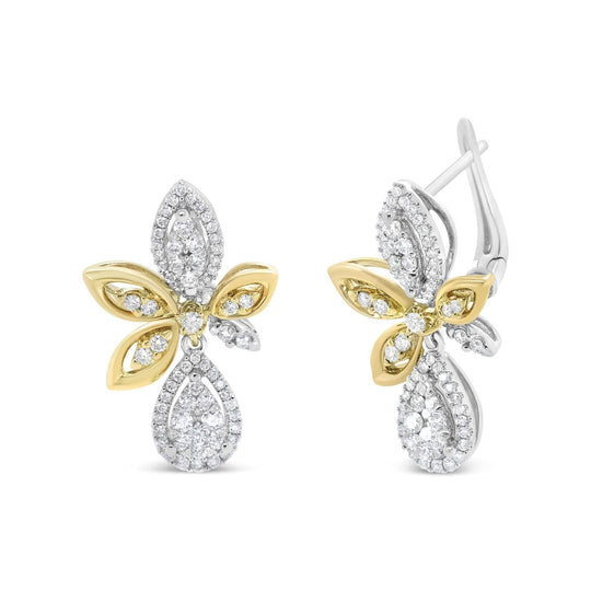 14K White and Yellow Gold 1.00 Cttw Round Pave-Set Diamond Teardrop and Marquise Shape Drop Dangle Earrings (H-I Color, SI1-SI2 Clarity)-0
