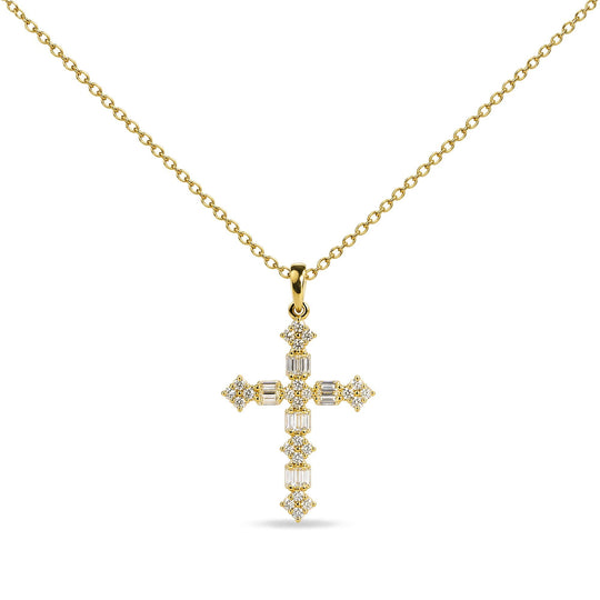 14K Yellow Gold 1/3 Cttw Baguette Diamond Cross Pendant Necklace