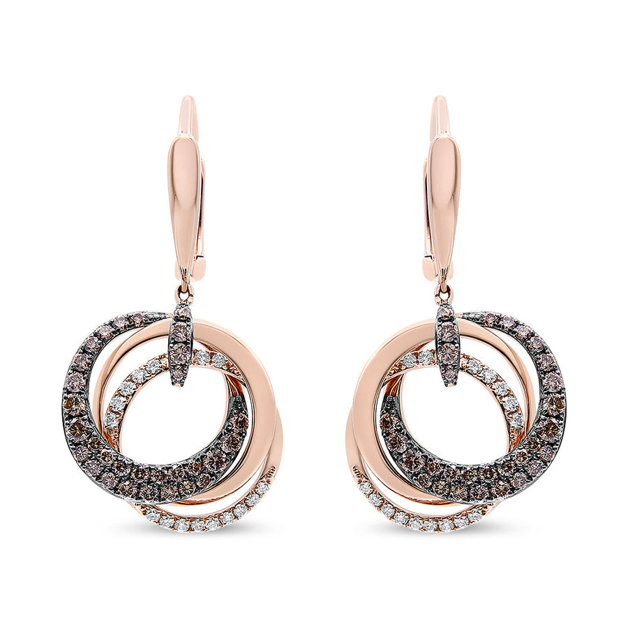 14K Rose Gold 1.00 Cttw White and Brown Diamond Intertwining Hoops and Circle Dangle Earrings (H-I/Brown Color, SI1-SI2 Clarity)
