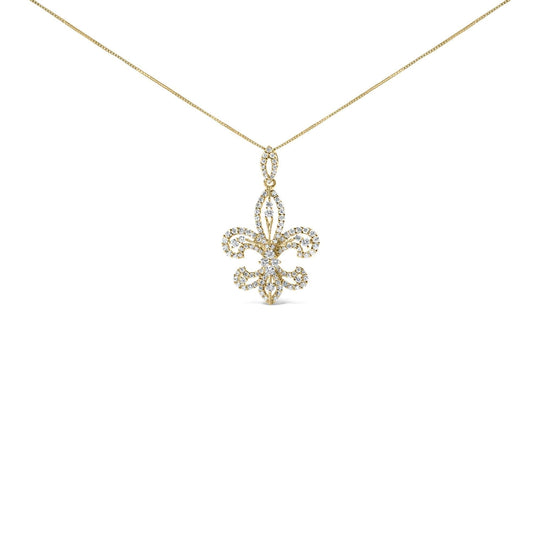 14K Yellow Gold 1.00 Cttw Round Diamond Fleur De Lis 18" Pendant Necklace (H-I Color, SI2-I1 Clarity)-0
