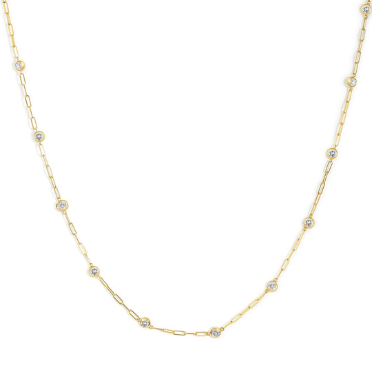 14K Gold 1.00 Cttw Round Diamond Paperclip Bezel Set Station Necklace
