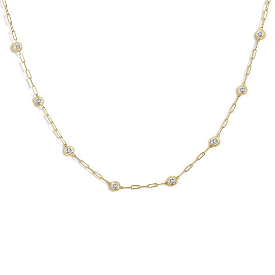 14K Gold 2.0 Cttw Round Diamond Bezel-Set Paperclip Station Necklace