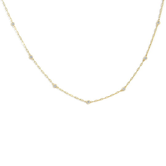 14K Gold 1/4 Cttw Round Diamond Bezel-Set Paperclip Station Necklace