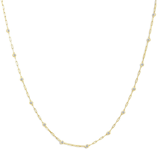 14K Gold 3/4 Cttw Round Diamond Bezel-Set Paperclip Station Necklace