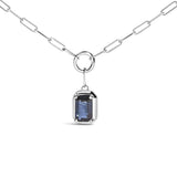 10K White Gold Emerald Cut 6x4 MM Blue Sapphire Solitaire Pendant Necklace - 18 inch-1 thumbnail 2