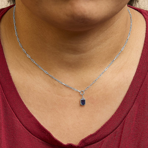 10K White Gold Emerald Cut 6x4 MM Blue Sapphire Solitaire Pendant Necklace - 18 inch