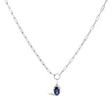 10K white gold necklace with 1 oval blue sapphire stone on paperclip chain thumbnail 1