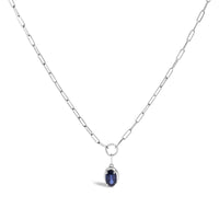 10K White Gold 6x4 mm Oval Blue Sapphire Solitaire Paperclip Pendant Necklace - 18