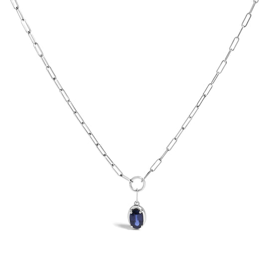 10K White Gold 6x4 mm Oval Blue Sapphire Solitaire Paperclip Pendant Necklace - 18" Inches-0