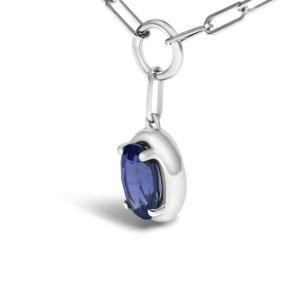 10K White Gold 6x4 mm Oval Blue Sapphire Solitaire Paperclip Pendant Necklace - 18