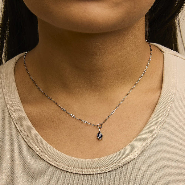 10K White Gold 6x4 mm Oval Blue Sapphire Solitaire Paperclip Pendant Necklace - 18