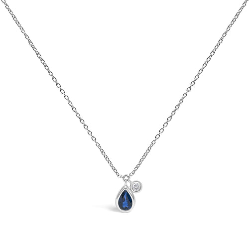 14K White Gold 6x4mm Pear Blue Sapphire and Diamond Accent Charm Pendant Necklace - 18