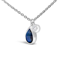 14K White Gold 6x4mm Pear Blue Sapphire and Diamond Accent Charm Pendant Necklace - 18
