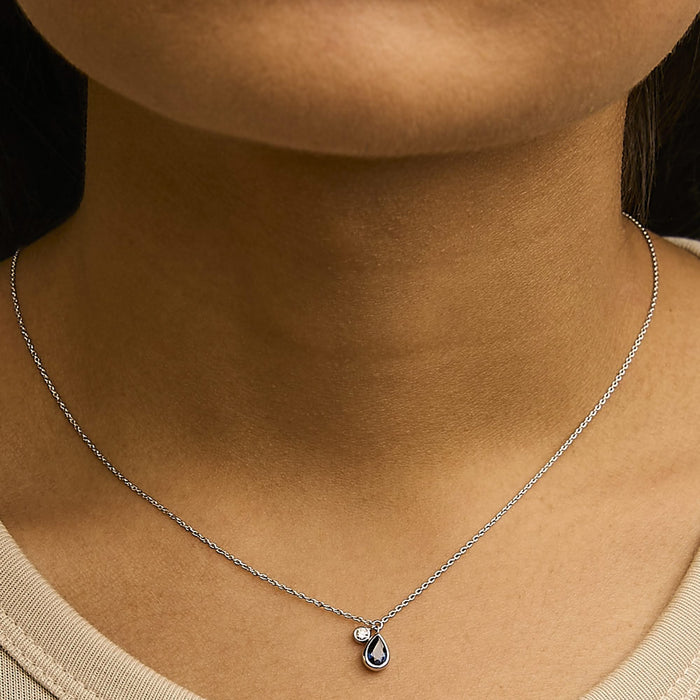 14K White Gold 6x4mm Pear Blue Sapphire and Diamond Accent Charm Pendant Necklace - 18