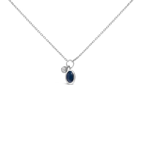 10K White Gold Oval Blue Sapphire and Diamond Double Charm Pendant Necklace - 18