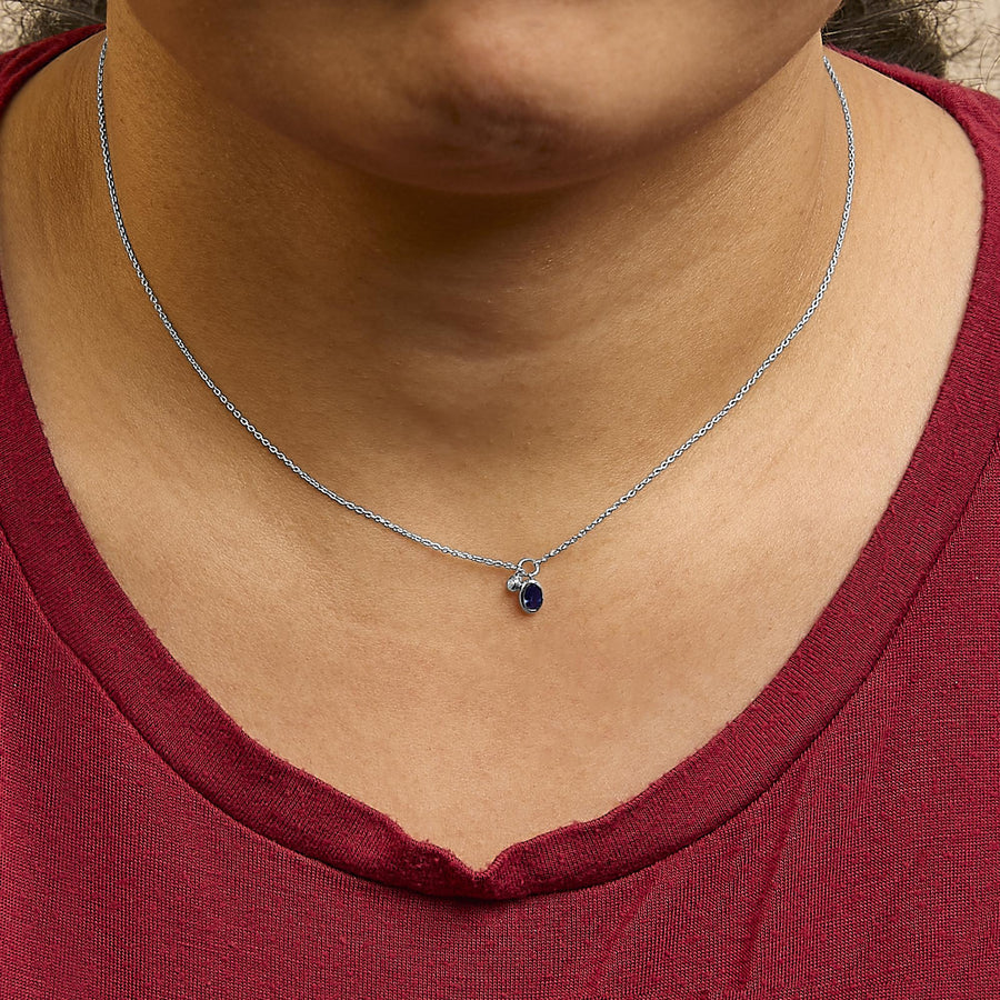 10K White Gold Oval Blue Sapphire and Diamond Double Charm Pendant Necklace - 18