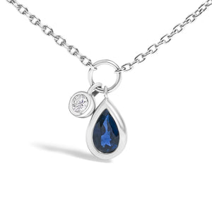 10K White Gold 6x4 mm Pear Blue Sapphire and Diamond  Accent Charm Pendant Necklace - 18