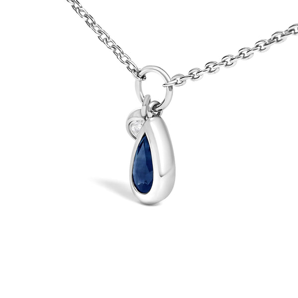 10K White Gold 6x4 mm Pear Blue Sapphire and Diamond  Accent Charm Pendant Necklace - 18