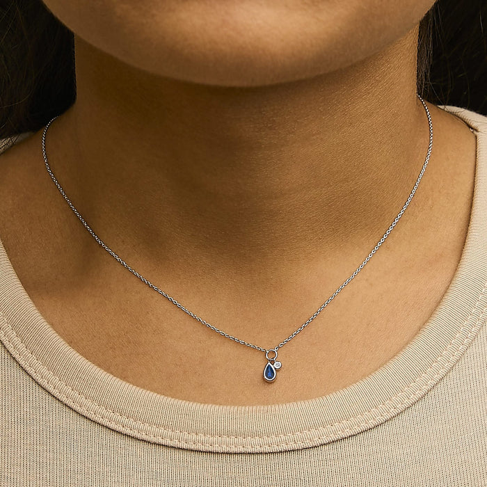 10K White Gold 6x4 mm Pear Blue Sapphire and Diamond  Accent Charm Pendant Necklace - 18