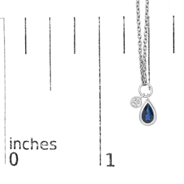 10K White Gold 6x4 mm Pear Blue Sapphire and Diamond  Accent Charm Pendant Necklace - 18