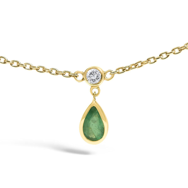 10K Yellow Gold Dangling 5x3 mm Green Emerald and Diamond Station Necklace - 18
