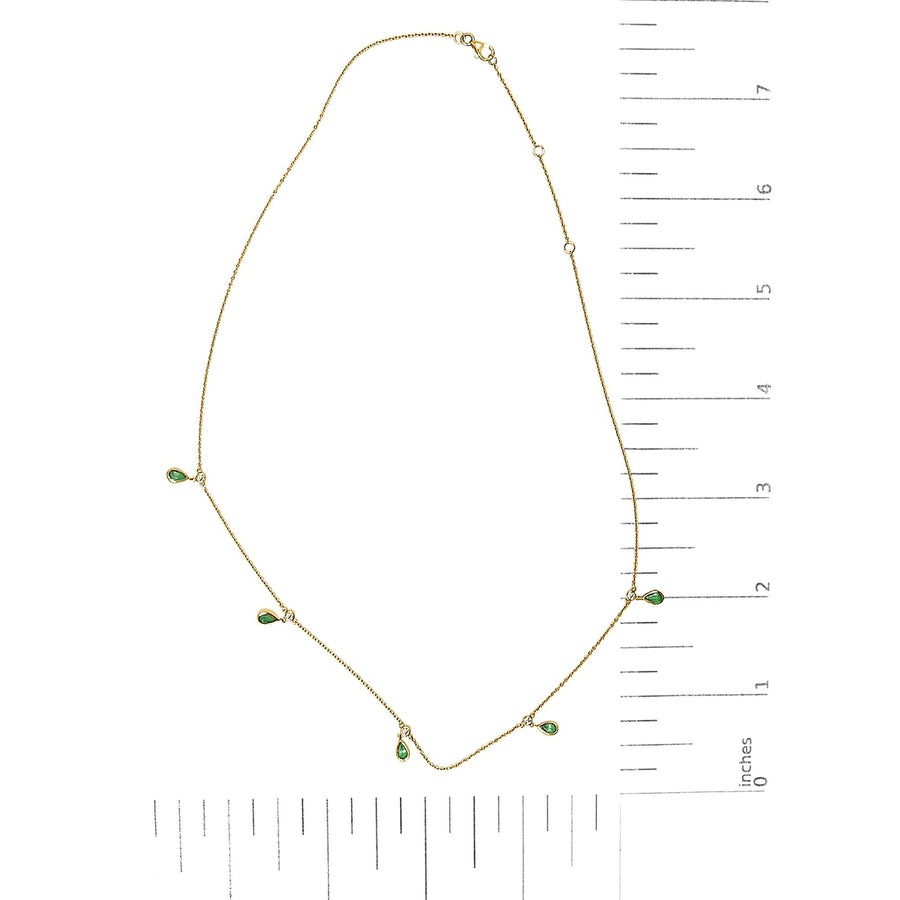 10K Yellow Gold Dangling 5x3 mm Green Emerald and Diamond Station Necklace - 18