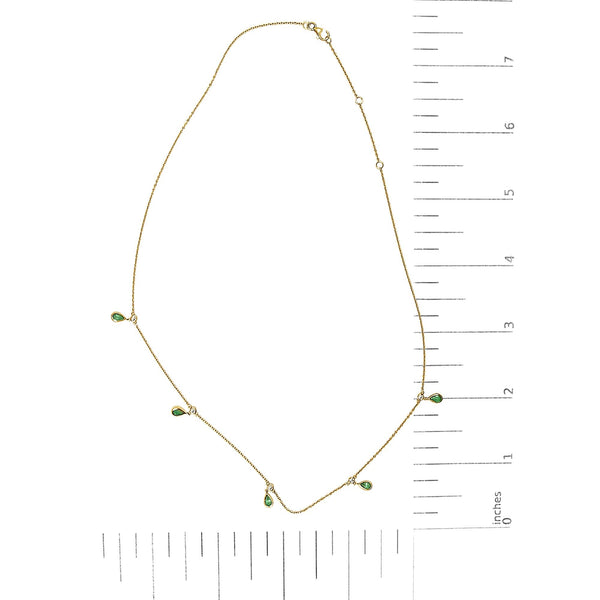 10K Yellow Gold Dangling 5x3 mm Green Emerald and Diamond Station Necklace - 18