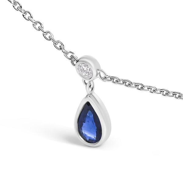 10K White Gold Dangling 5x3 mm Pear Blue Sapphire and Diamond Station Necklace - 18