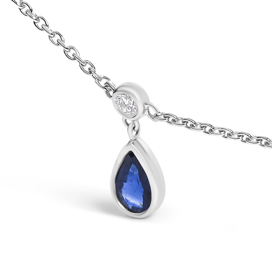 10K White Gold Dangling 5x3 mm Pear Blue Sapphire and Diamond Station Necklace - 18