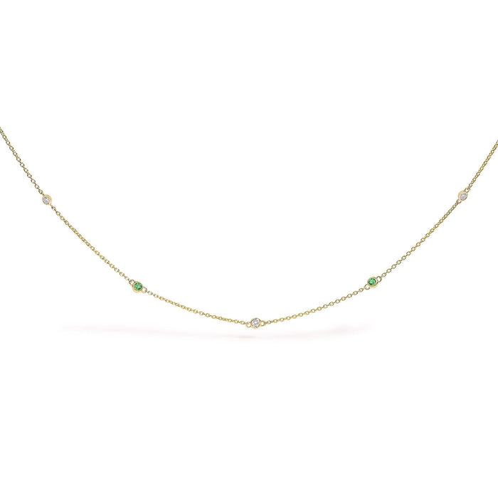 14K Yellow Gold Bezel Set Alternating Green Emerald and Diamond Station Necklace - 18