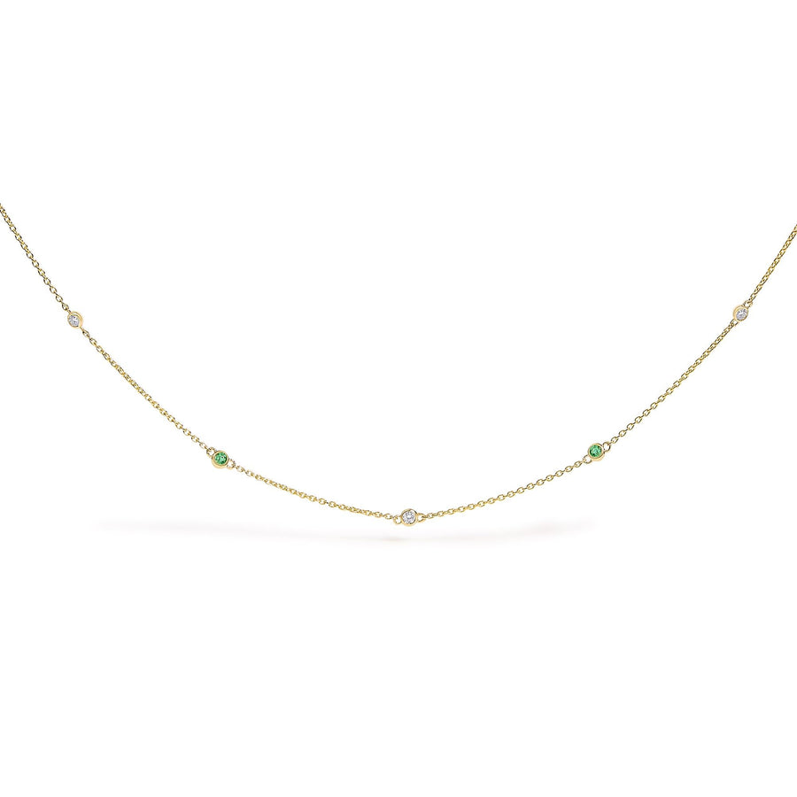 14K Yellow Gold Bezel Set Alternating Green Emerald and Diamond Station Necklace - 18