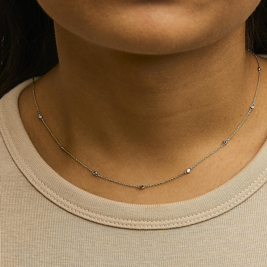 14K Yellow Gold Bezel Set Alternating Green Emerald and Diamond Station Necklace - 18