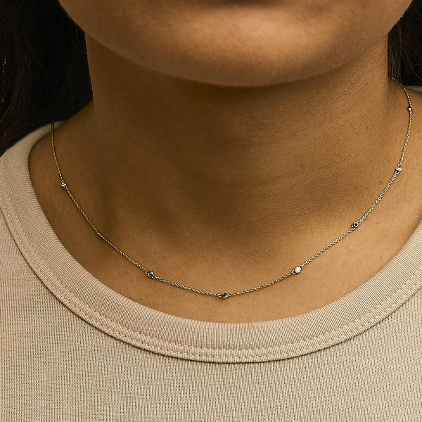 14K Yellow Gold Bezel Set Alternating Green Emerald and Diamond Station Necklace - 18
