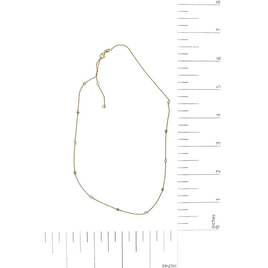 14K Yellow Gold Bezel Set Alternating Green Emerald and Diamond Station Necklace - 18