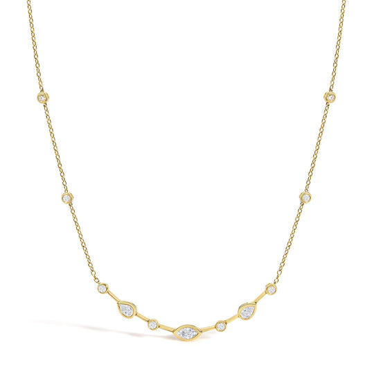 18K Yellow Gold 1 1/7 Cttw Diamond Bezel-Set Station Necklace with Round, Pear and Marquise Diamonds