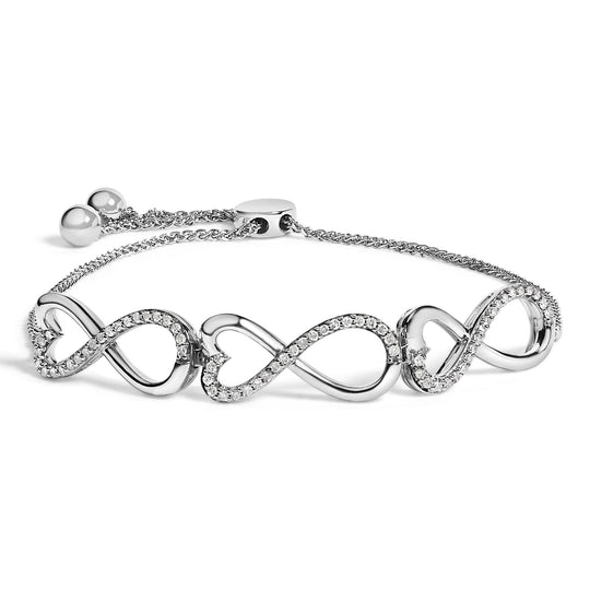 Sterling Silver 1/3 Cttw Diamond Infinity Heart Link Adjustable Bolo Bracelet-0