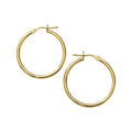 14K yellow gold polished round hoop earrings, 25 mm, no stones
