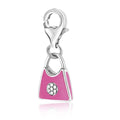 Sterling silver pink enameled handbag charm with raised flower motif accent