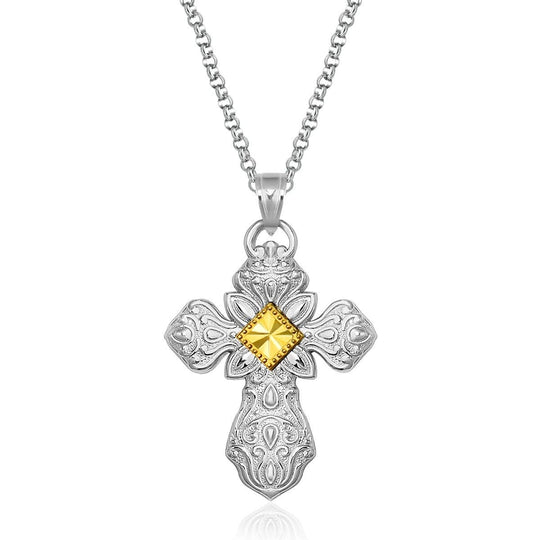 Designer Sterling Silver and 14K Yellow Gold Ornamental Cross Pendant