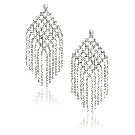 14K White Gold Beaded Chain Mesh Earrings
