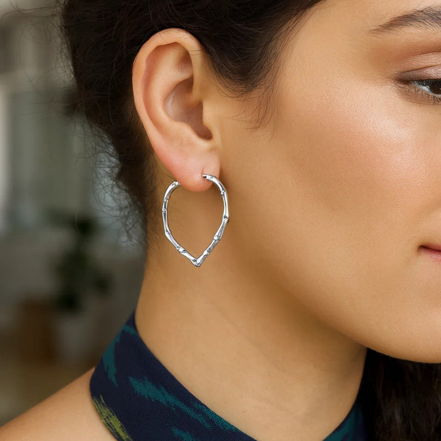 Sterling Silver Rhodium Plated Heart Bamboo Hoop Earrings