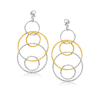 14K Two-Tone Gold Textured Multi Ring Style Dangling Earrings