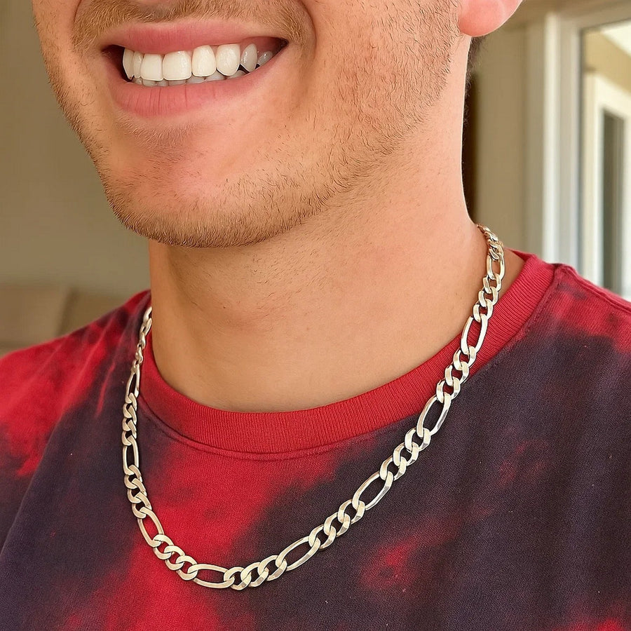 Rhodium Plated 8.8mm Sterling Silver Figaro Style Chain