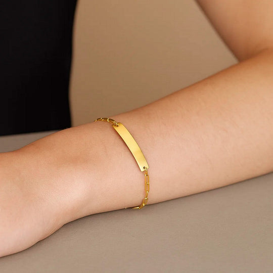 14K yellow gold paperclip chain bracelet with inline bar, 7 inch, 2.10 mm width