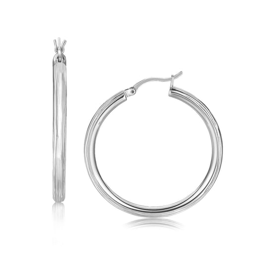 Sterling silver rhodium plated fancy hoop earrings with diamond-cut finish, 30mm
